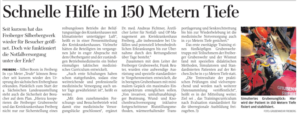 German newspaper article "Quick help at a depth of 150 meters " about the TMR Project